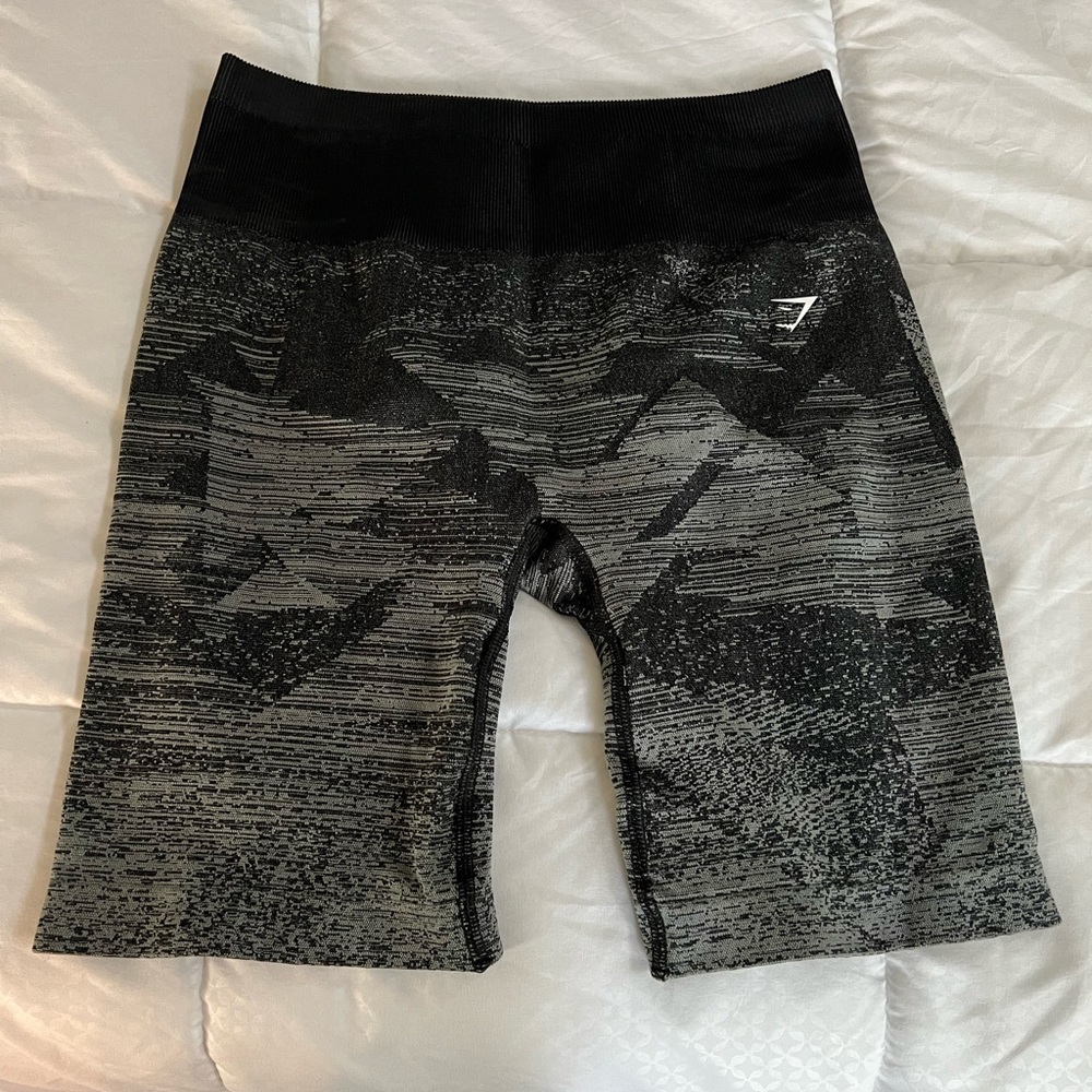 Black and gray Gymshark biker shorts.